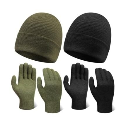 2 Pack Men's Wool Beanie Hat Gloves Set Winter Outdoor Soft Knitted Wool Military Tactical Ski Hunting Beanie Gloves Set Gifts for Men Cold Weather