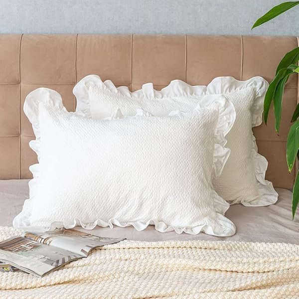 Pillow Shams Set of 2 Pure Cotton Champray Ruffled Edge,Thick and Solid Washed Dobby Heavy Fabric (Standard 20x26 inches)