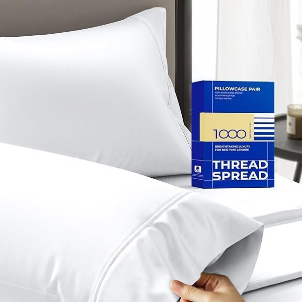100% Egyptian Cotton Pillow Cases Queen Size Set of 2 - Luxury 1000 Thread Count Queen Pillow Cases (White), Soft Cooling Sateen Weave Hotel Quality Egyptian Cotton Pillowcases