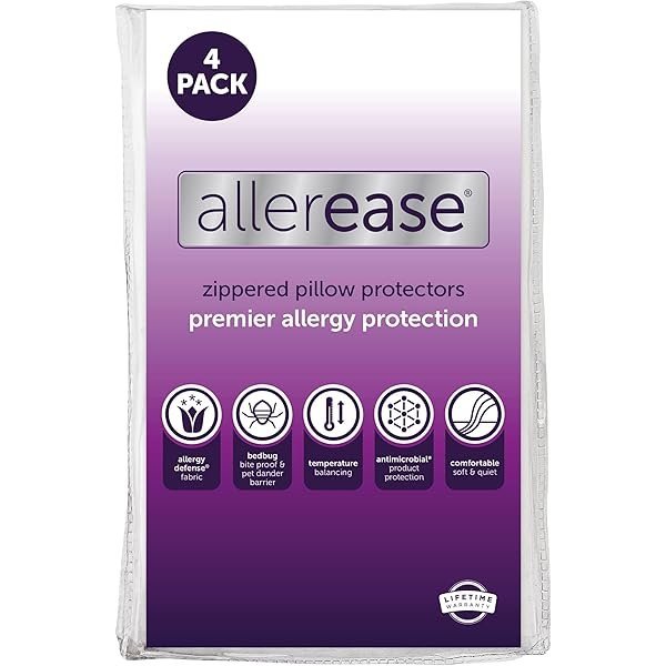 Set of 4 Standard/Queen AllerEase Pillow Protectors - Temperature Balancing, Allergist Recommended - Premium Breathable, Zippered Protectors