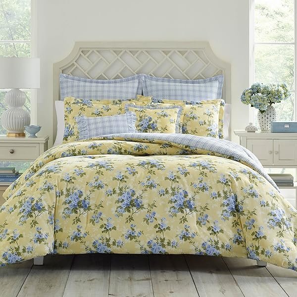 '- Queen Comforter Set, Soft & Reversible Cotton Bedding, Medium Weight for Year Round Comfort, 7 Piece Bed Set with Matching Pillowcases, Euro Shams & Bonus Throw Pillows (Cassidy Yellow)